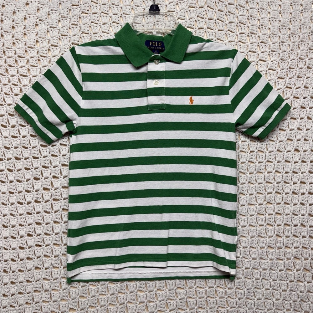 Polo Ralph Lauren Polo Shirt Size M (10-12) Green/White Striped Orange Pony